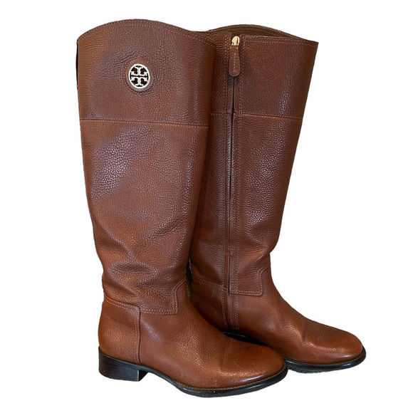 Tory Burch Shoes - Tory Burch Tumbled Leather Junction Riding Boot Extended Calf Size 7.5 in Almond
